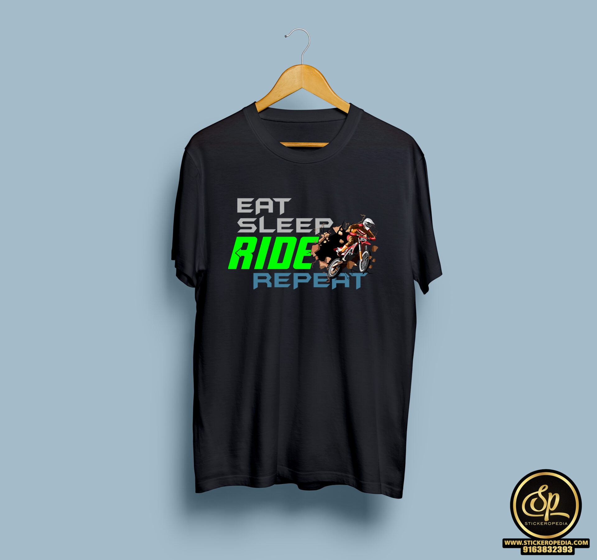 Eat Sleep Ride Repeat Black half round neck tshirt